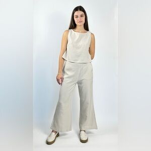 Wide-Leg Pants and Back Buttoned Top Set - Beige